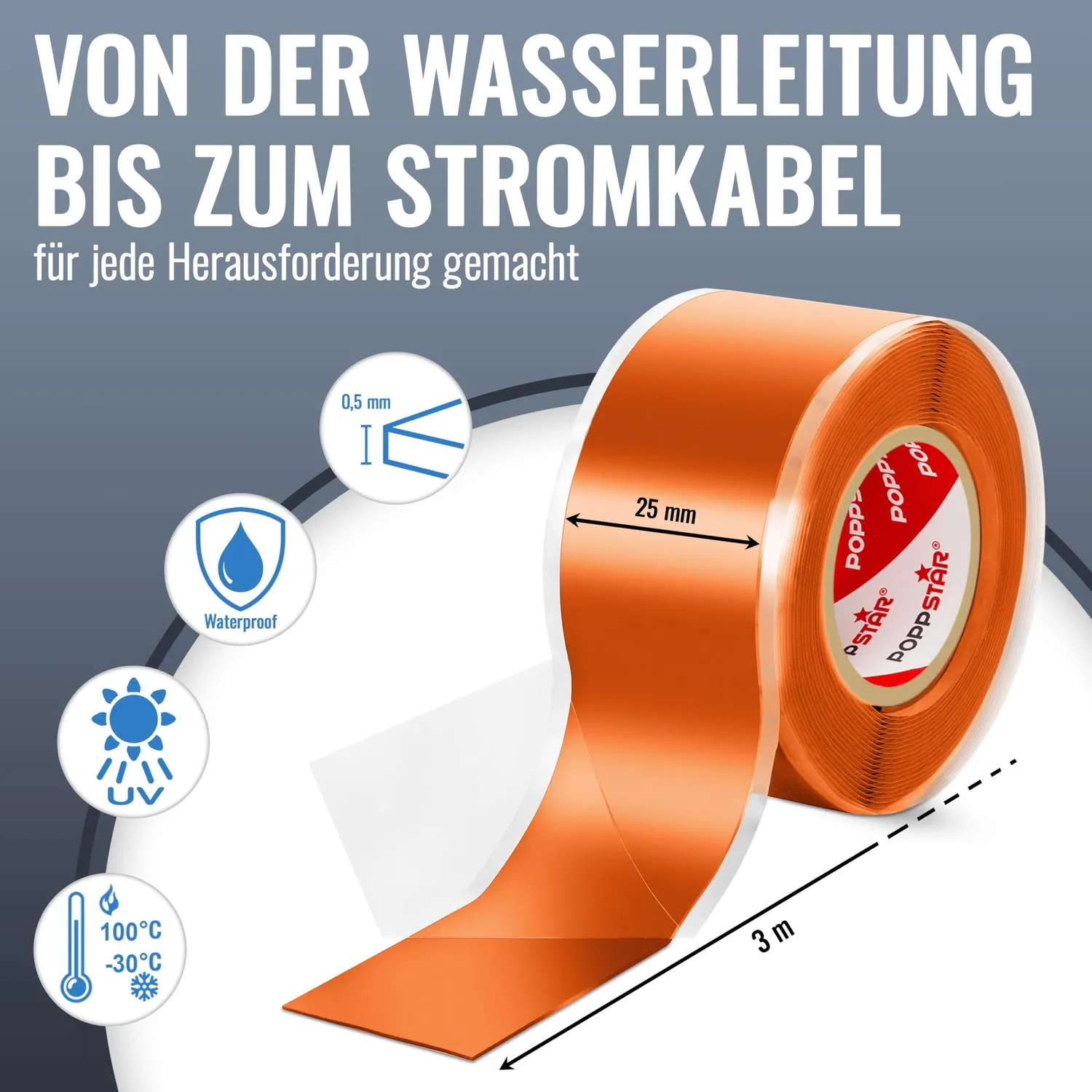 Poppstar Silikonband 3m x 25mm Orange 1 Rolle