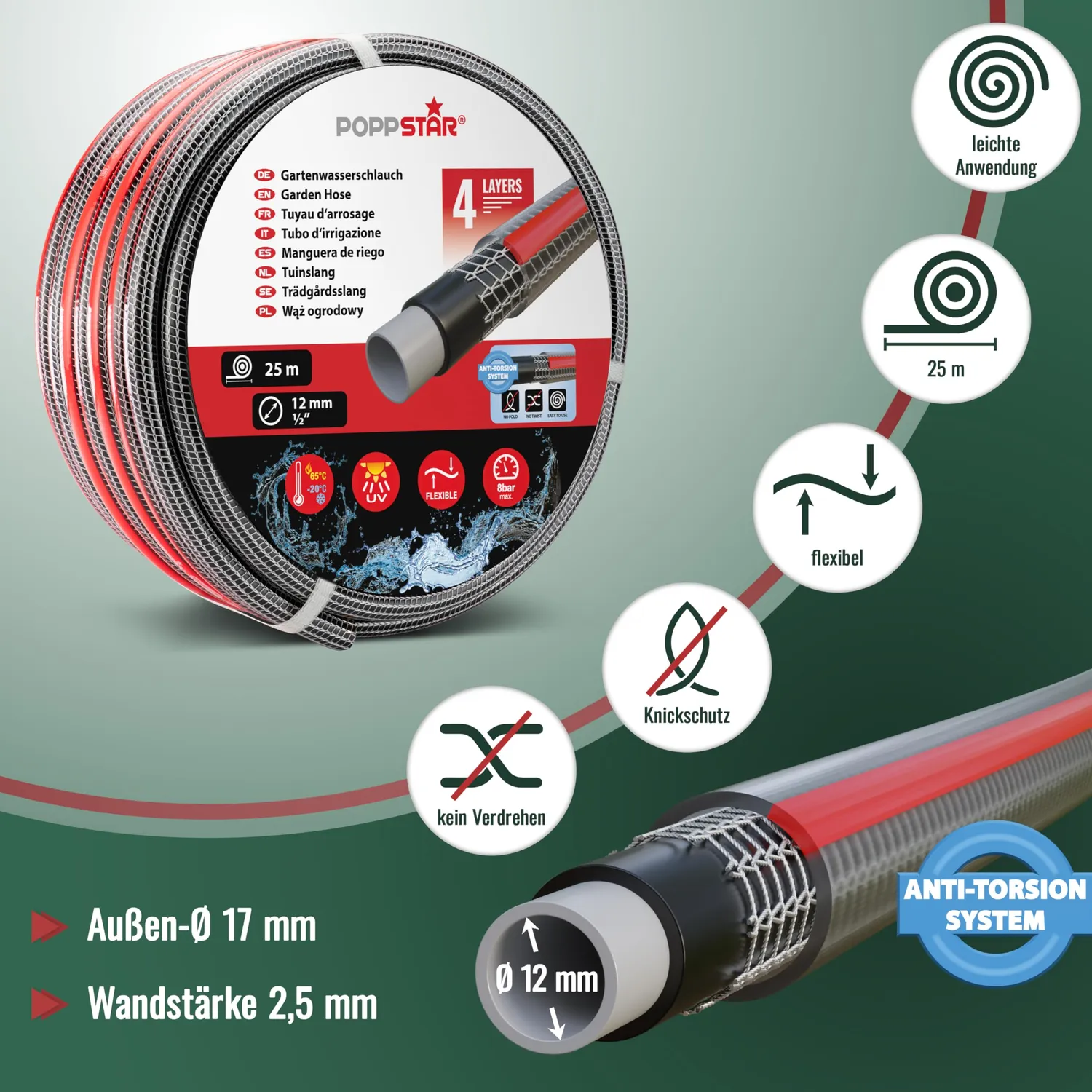 Poppstar PVC Gartenschlauch 25m 1/2 Zoll 4-lagig