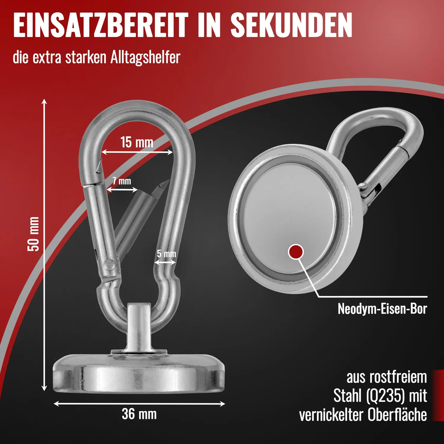 Poppstar Magnet-Karabiner 35kg 2 Stück silber stark