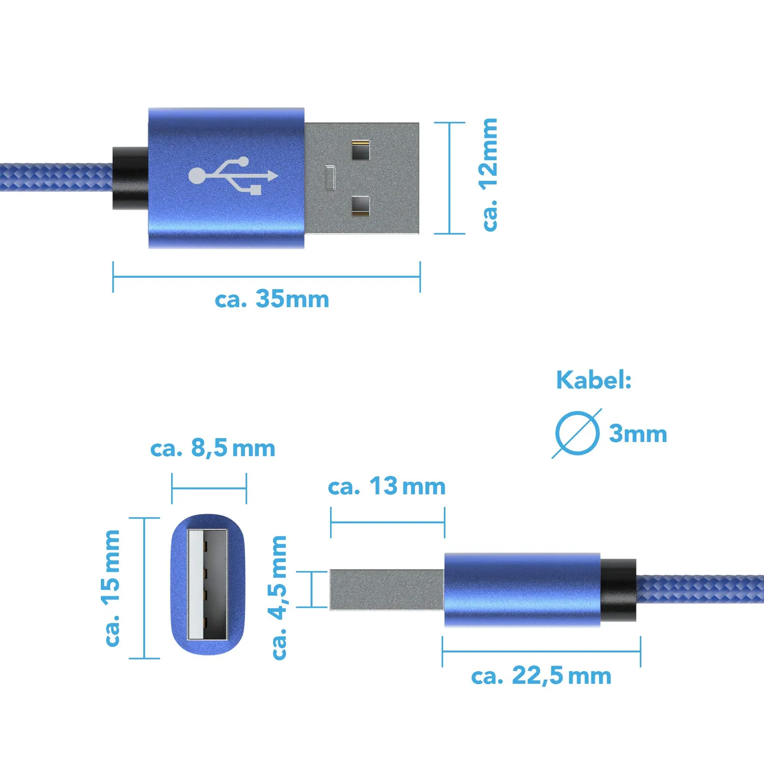 JAMEGA USB-C Ladekabel blau 2x 2 m Nylon 3A