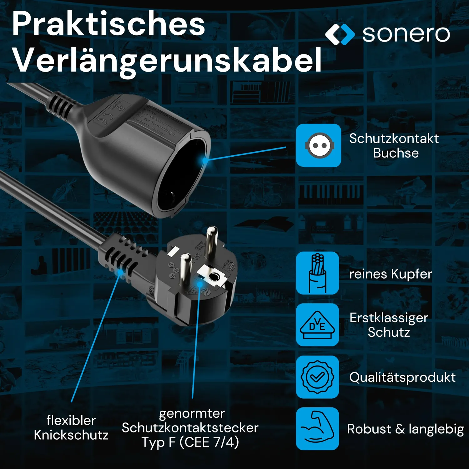 Sonero Strom Verlängerungskabel 5,0m Schuko schwarz
