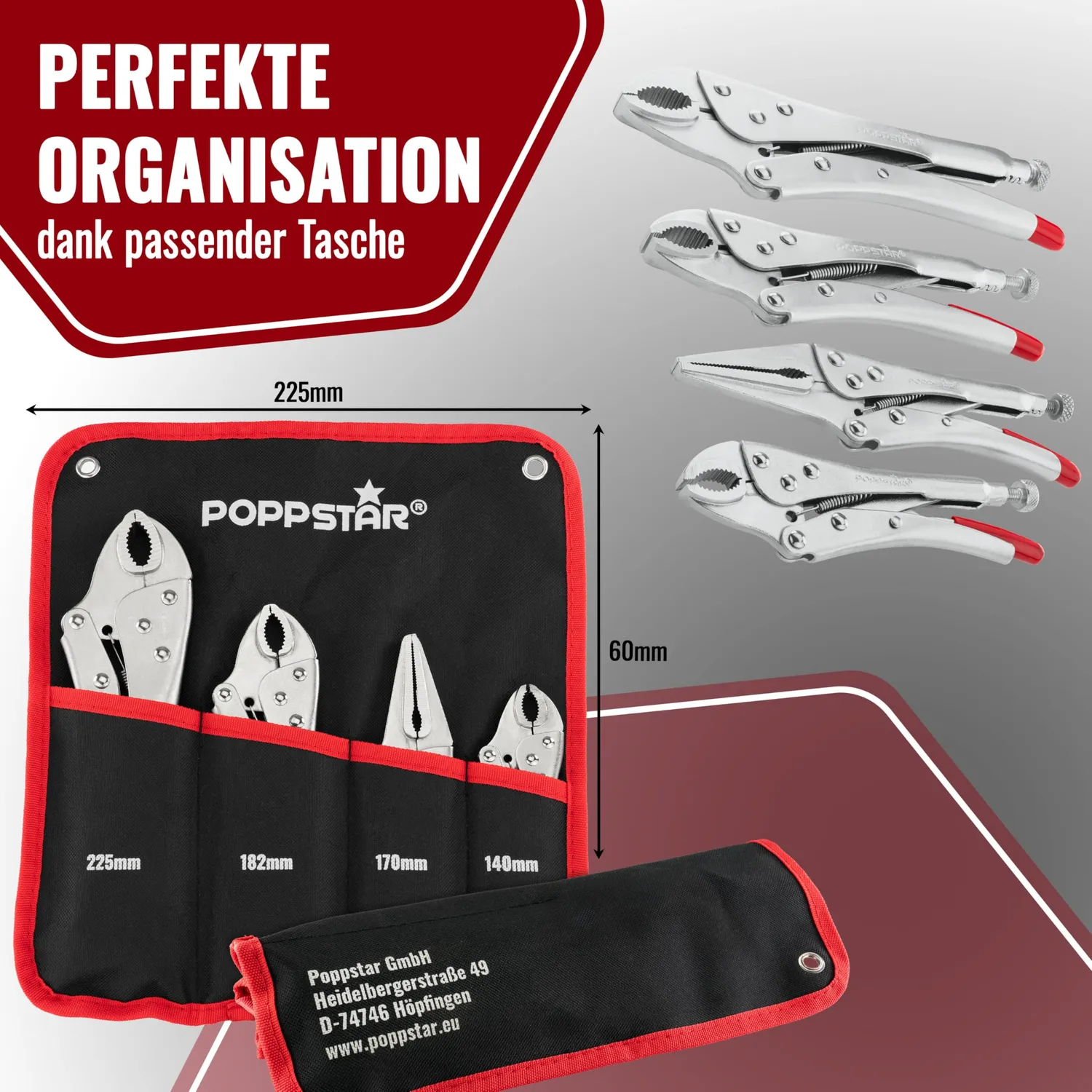 Poppstar Gripzangenset 4-teilig 225/182/140/170 mm
