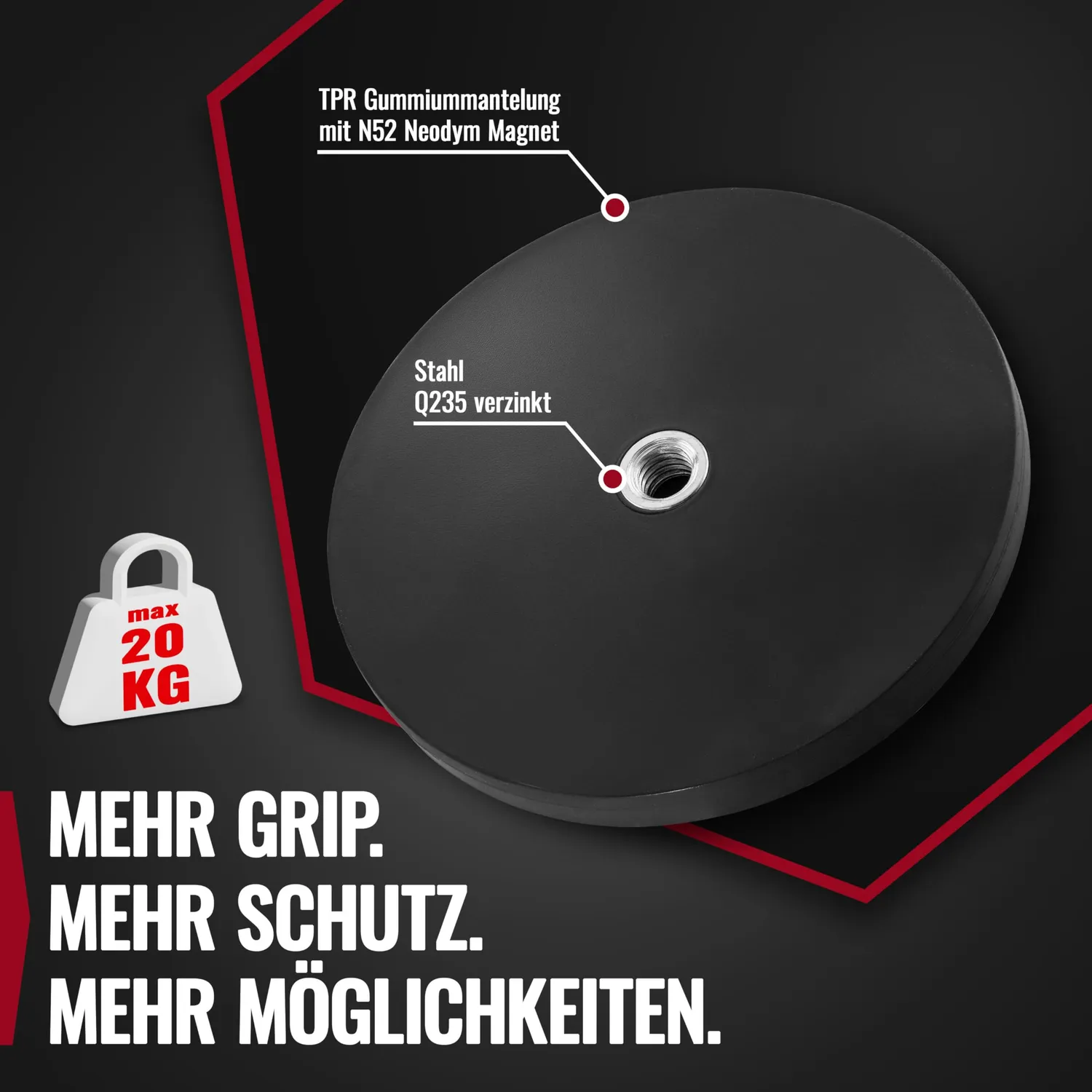 Poppstar Topfmagnet M6 66 mm 20 kg 2 Stück gummiert