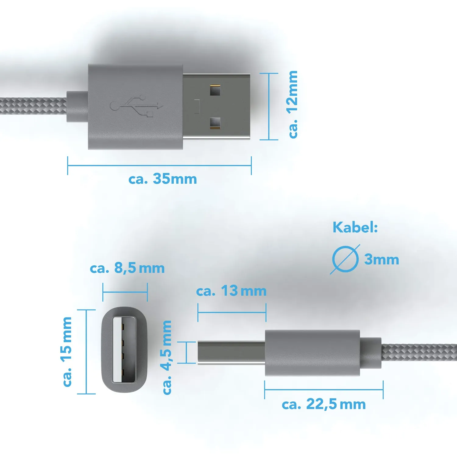 JAMEGA Micro USB Kabel 1m Nylon Space Grau 2,4A