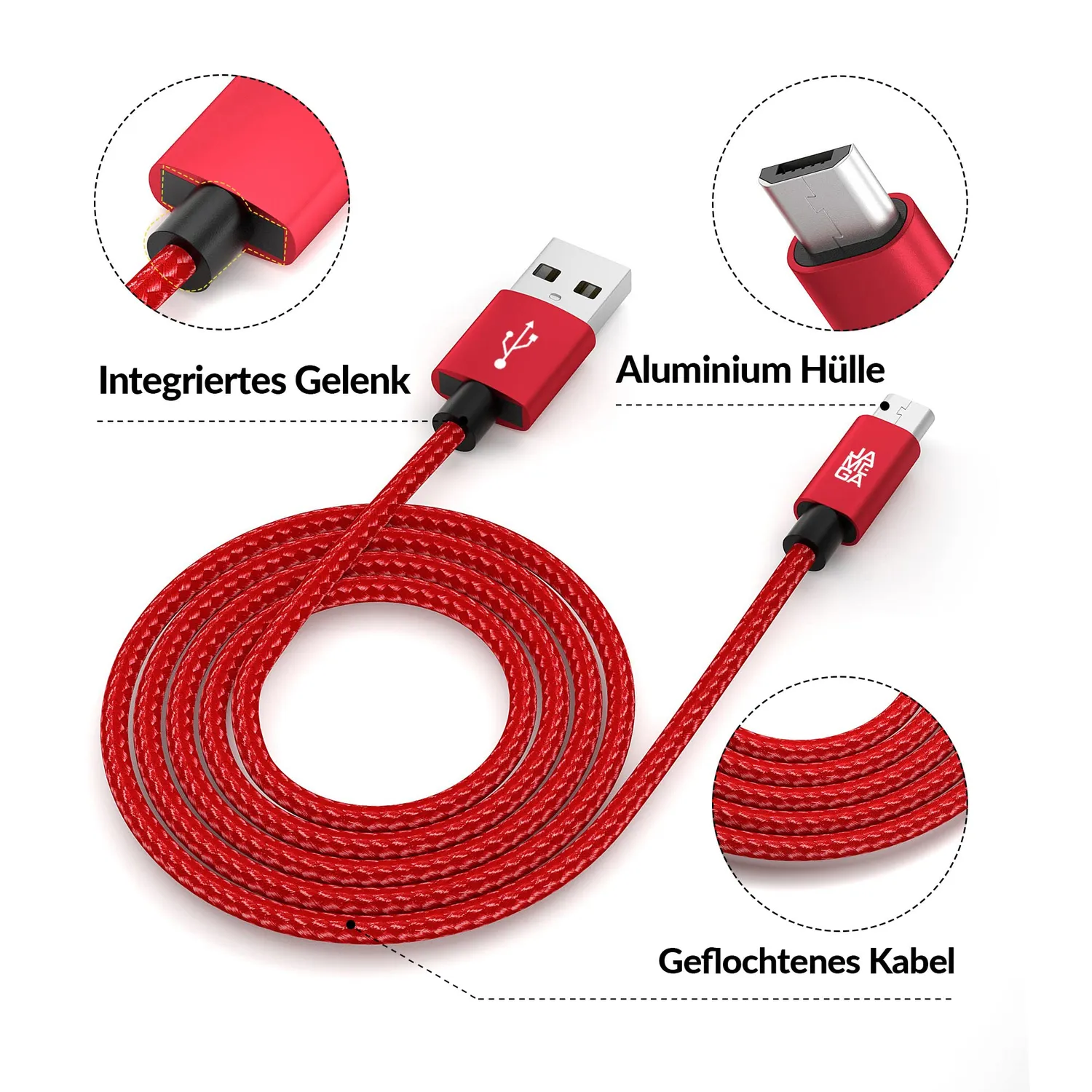 JAMEGA Premium Micro USB Kabel 0,5-3 m 4er Set rot