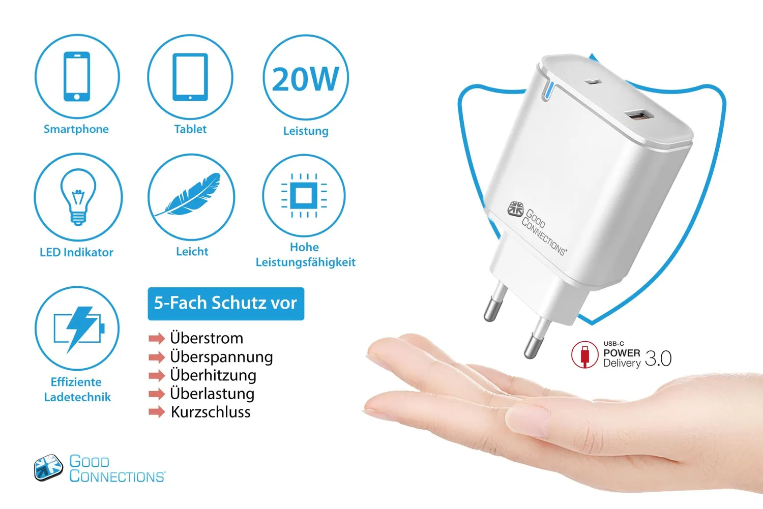 Good Connections 20W 2-Port USB-Schnellladegerät weiß PD 3.0